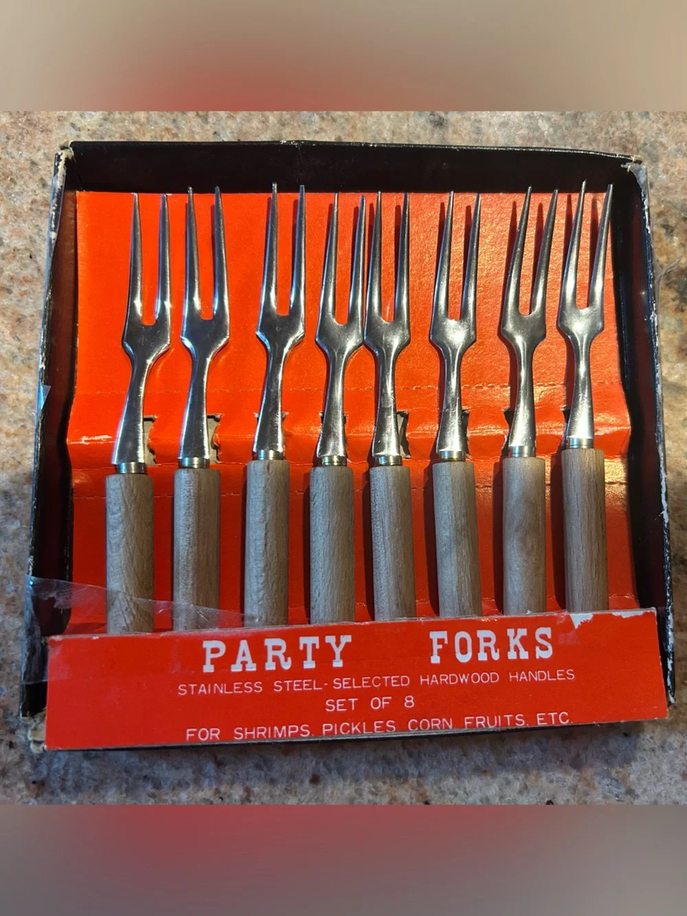 Japanese Party Forks Set of 8 w/ Hardwood Handles 4” long - Stainless Steel